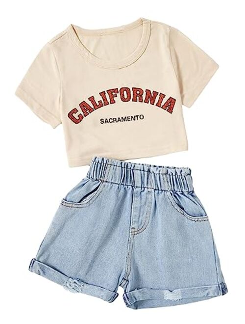 SOLY HUX Toddler Girl's 2 Piece Summer Outfits Letter Print Short Sleeve Tee and Denim Shorts Set