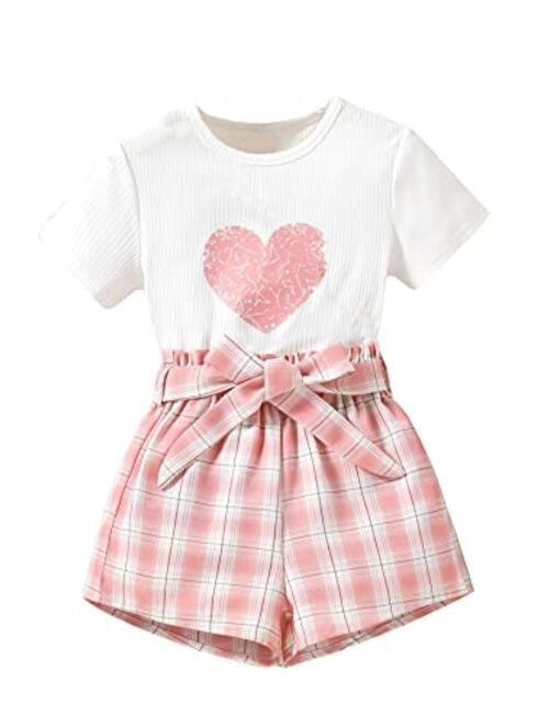 SOLY HUX Girl's 2 Piece Outfits Heart Print Short Sleeve Tee Tops and Plaid Belted Shorts Set