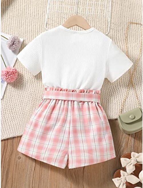 SOLY HUX Girl's 2 Piece Outfits Heart Print Short Sleeve Tee Tops and Plaid Belted Shorts Set