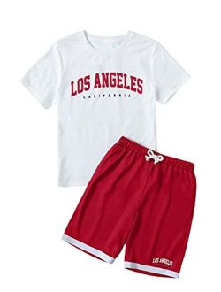 Boy's Short Sleeve Letter Print T Shirt and Track Shorts 2 Piece Outfit