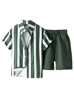 Boy's Striped Print Short Sleeve Button Down Shirt & Shorts 2 Piece Summer Outfit