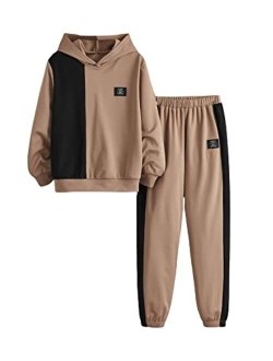 Boy's 2 Piece Outfit Color Block Drop Shoulder Hoodie Pullover Sweatshirt and Jogger Sweatpants