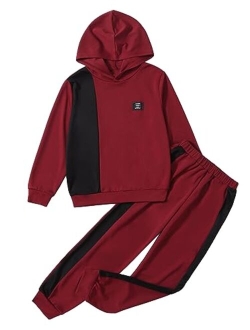 Boy's 2 Piece Outfit Color Block Drop Shoulder Hoodie Pullover Sweatshirt and Jogger Sweatpants