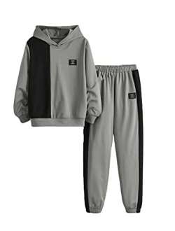 Boy's 2 Piece Outfit Color Block Drop Shoulder Hoodie Pullover Sweatshirt and Jogger Sweatpants