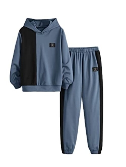 Boy's 2 Piece Outfit Color Block Drop Shoulder Hoodie Pullover Sweatshirt and Jogger Sweatpants