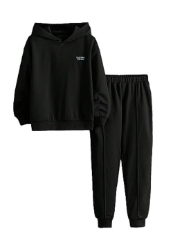 Boy's 2 Piece Outfit Color Block Drop Shoulder Hoodie Pullover Sweatshirt and Jogger Sweatpants