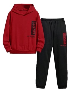 Boy's 2 Piece Outfit Color Block Drop Shoulder Hoodie Pullover Sweatshirt and Jogger Sweatpants