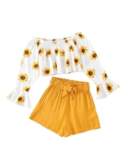 Girl's 2 Piece Outfit Summer Boho Floral Print Long Sleeve Top and Shorts Set Cute Clothes for Girls