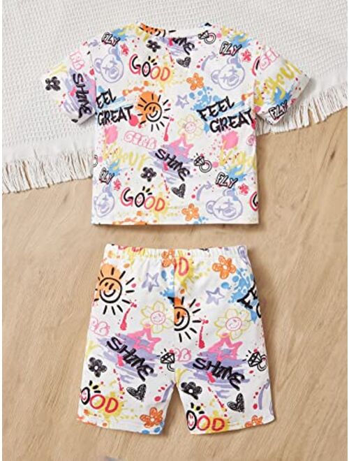 SOLY HUX Toddler Girl's Cartoon Letter Print Short Sleeve T Shirt and Biker Shorts 2 Piece