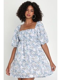 Lush Romance Blue Floral Puff Sleeve Tie-Back Mini Dress