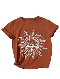 Graphic Tees for Girl Floral Print Short Sleeve Round Neck T Shirts Tops
