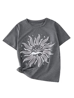 Graphic Tees for Girl Floral Print Short Sleeve Round Neck T Shirts Tops