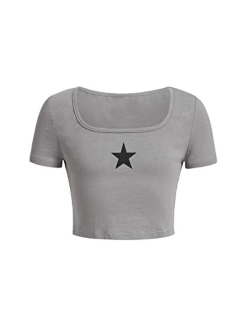 SOLY HUX Girl's Star Print Square Neck Crop Tops Tee Short Sleeve Summer Fitted T Shirt