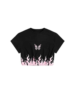 Girl's Butterfly Graphic Print Short Sleeve T Shirt Crop Top