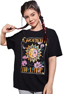 Girl's Letter Graphic T Shirts Short Sleeve Cute Shirts Oversized Loose Tee Summer Tops