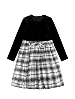 Girl's Plaid Bow Front Long Sleeve High Waist A Line Pleated Skater Dress