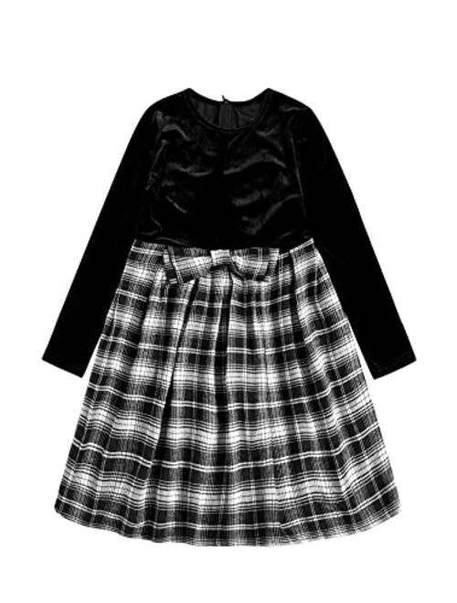 SOLY HUX Girl's Plaid Bow Front Long Sleeve High Waist A Line Pleated Skater Dress