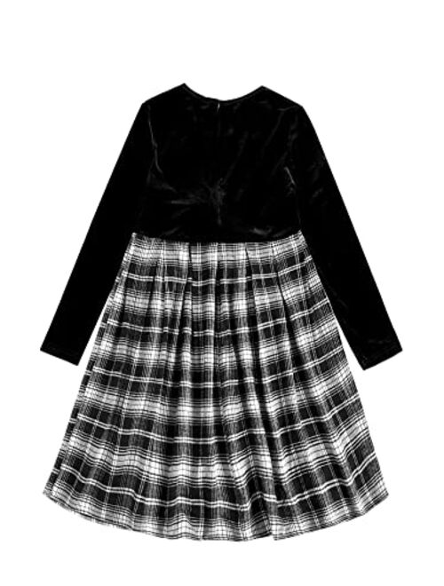 SOLY HUX Girl's Plaid Bow Front Long Sleeve High Waist A Line Pleated Skater Dress