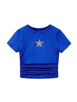 Girl's Crop Top Graphic Tee Summer Drawstring Side Tie Knot Hem Round Neck Short Sleeve T-Shirts