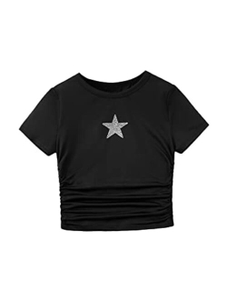 Girl's Crop Top Graphic Tee Summer Drawstring Side Tie Knot Hem Round Neck Short Sleeve T-Shirts