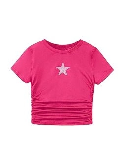 Girl's Crop Top Graphic Tee Summer Drawstring Side Tie Knot Hem Round Neck Short Sleeve T-Shirts