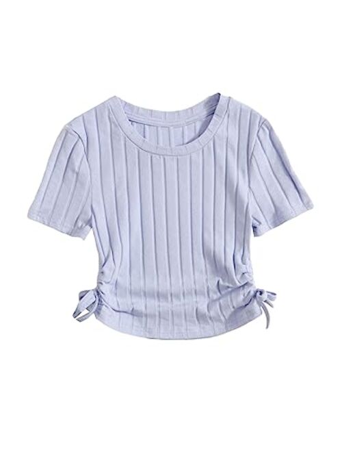 SOLY HUX Girl's Crop Top Graphic Tee Summer Drawstring Side Tie Knot Hem Round Neck Short Sleeve T-Shirts