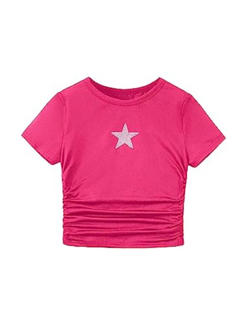 SOLY HUX Girl's Crop Top Graphic Tee Summer Drawstring Side Tie Knot Hem Round Neck Short Sleeve T-Shirts