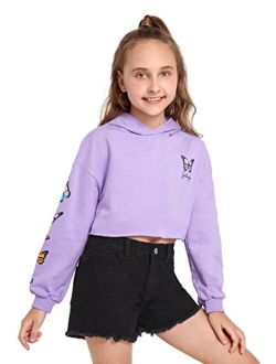 Girl's Letter Butterfly Print Long Sleeve Hoodie Crop Top Sweatshirt