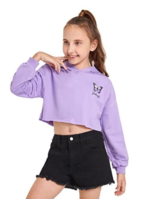 SOLY HUX Girl's Letter Butterfly Print Long Sleeve Hoodie Crop Top Sweatshirt