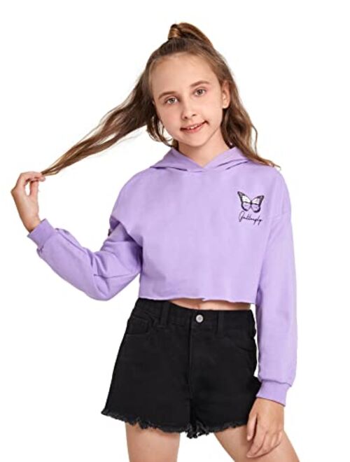 SOLY HUX Girl's Letter Butterfly Print Long Sleeve Hoodie Crop Top Sweatshirt