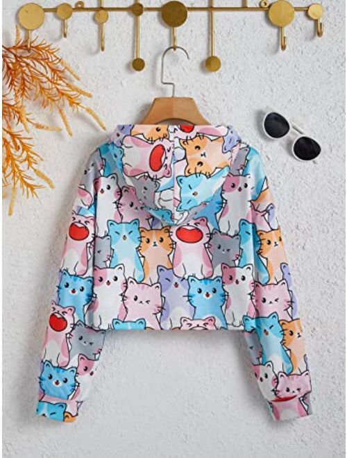 SOLY HUX Girl's Cartoon Graphic Hoodies Cat Print Long Sleeve Pullover Crop Tops Cute Sweatshirt