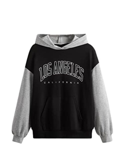 Girl's Letter Colorblock Hoodies Long Sleeve Pullover Top Sweatshirt