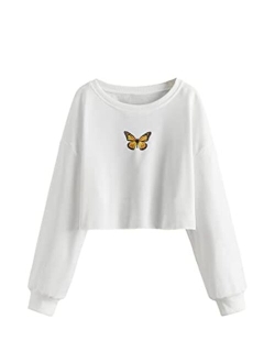 Girl's Letter Graphic Crop Sweatshirt Round Neck Drop Shoulder T Shirt Pullover Tops