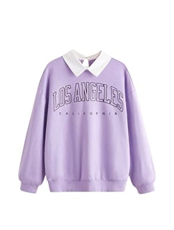 Girl's Contrast Collar Letter Print Long Sleeve Pullover Top Sweatshirt