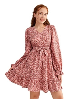 Girl's Ditsy Floral V Neck Belted A Line Mini Dress Flounce Long Sleeve Ruffle Hem Swing Short Dresses