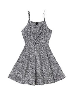 Girl's Ditsy Floral Print Spaghetti Strap High Waist Flared Cami Dress