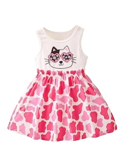 Girl's Cartoon Giraffe Print Frill Sleeveless Round Neck A-line Dress