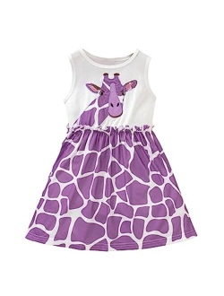 Girl's Cartoon Giraffe Print Frill Sleeveless Round Neck A-line Dress