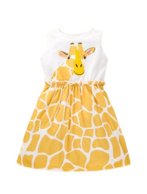 SOLY HUX Girl's Cartoon Giraffe Print Frill Sleeveless Round Neck A-line Dress