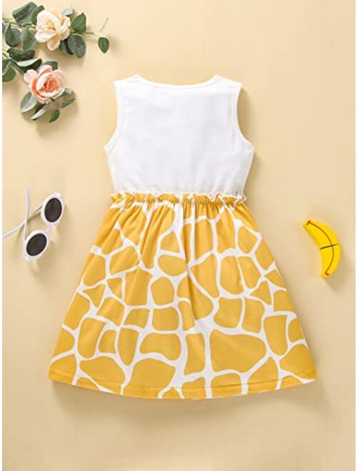 SOLY HUX Girl's Cartoon Giraffe Print Frill Sleeveless Round Neck A-line Dress