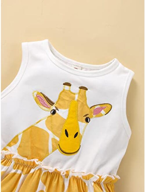 SOLY HUX Girl's Cartoon Giraffe Print Frill Sleeveless Round Neck A-line Dress