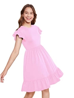 Girl's Ruffle Trim Cap Sleeve High Waist A Line Short Dress