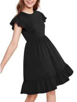 Girl's Ruffle Trim Cap Sleeve High Waist A Line Short Dress