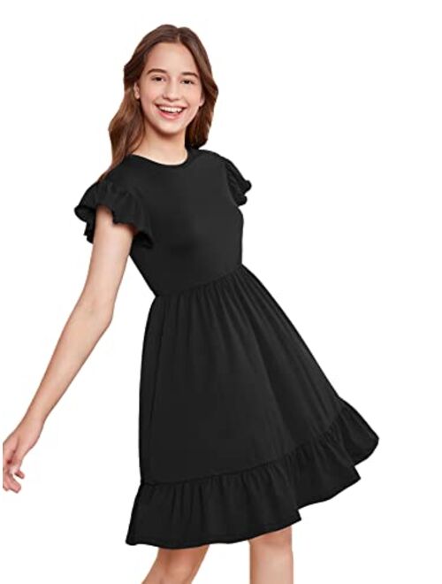 SOLY HUX Girl's Ruffle Trim Cap Sleeve High Waist A Line Short Dress