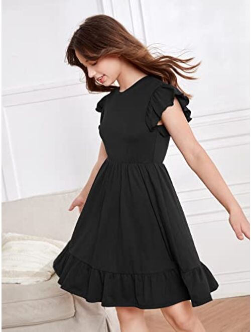 SOLY HUX Girl's Ruffle Trim Cap Sleeve High Waist A Line Short Dress