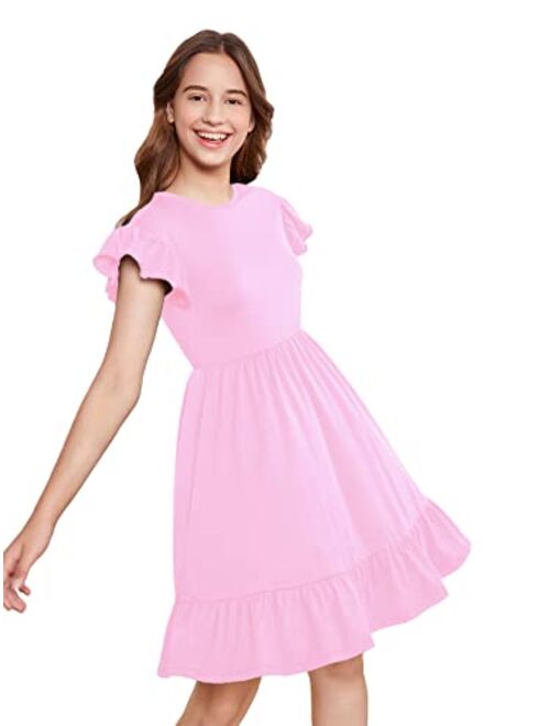 SOLY HUX Girl's Ruffle Trim Cap Sleeve High Waist A Line Short Dress