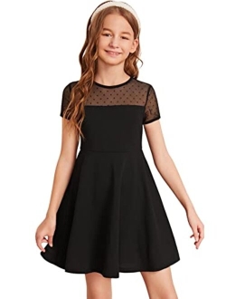 Girl's Contrast Mesh Short Sleeve High Waist Flared A Line Short Dress