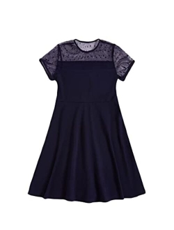 Girl's Contrast Mesh Short Sleeve High Waist Flared A Line Short Dress