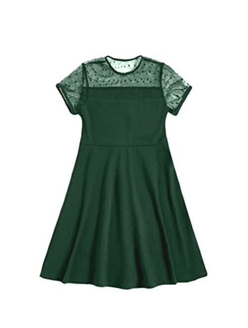 SOLY HUX Girl's Contrast Mesh Short Sleeve High Waist Flared A Line Short Dress