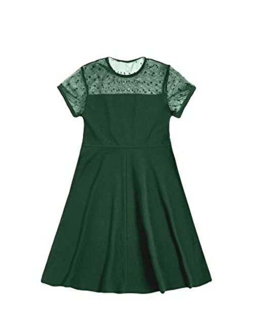 SOLY HUX Girl's Contrast Mesh Short Sleeve High Waist Flared A Line Short Dress